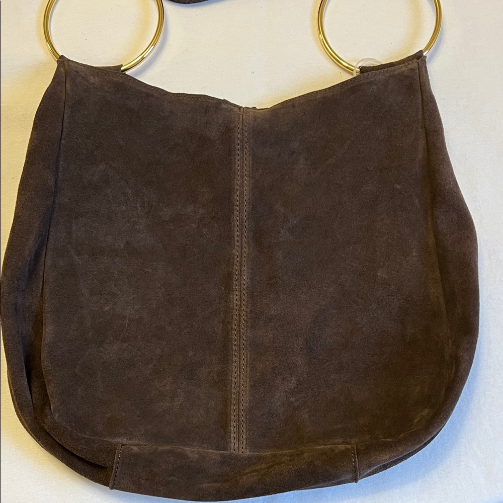 Claudia Firenze Suede Crossbody Slouchy Hobo Tote Bag Chocolate Brown Gold Ring - Picture 3 of 16
